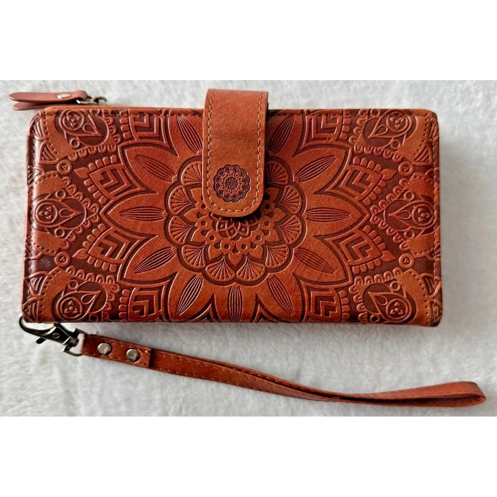 Hand Tooled Brown‎ Leather Floral Wallet Trifold Magnetic Closure